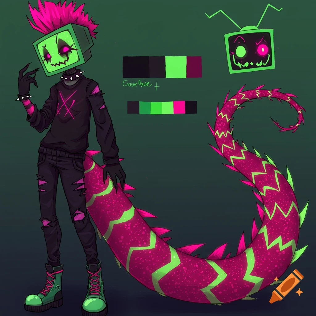 Image of a TV-headed character with pink hair and monster tail, wearing emo/scene clothes, with color palettes.