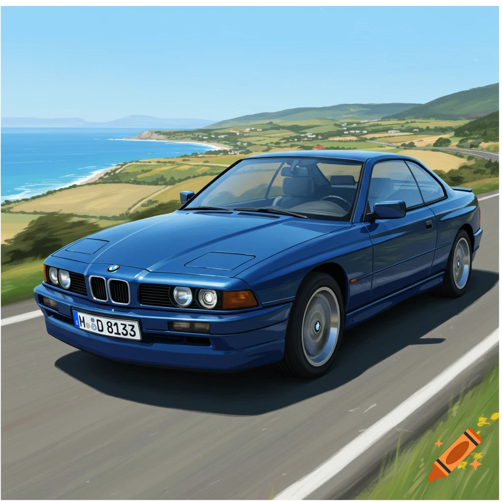 A blue BMW E31 coupe drives on a winding coastal road.