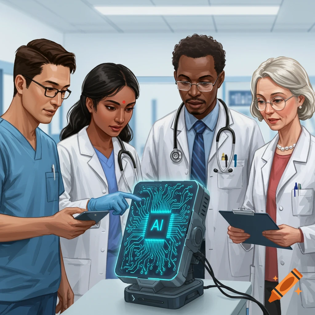 A diverse healthcare team examines an AI machine with glowing circuits.