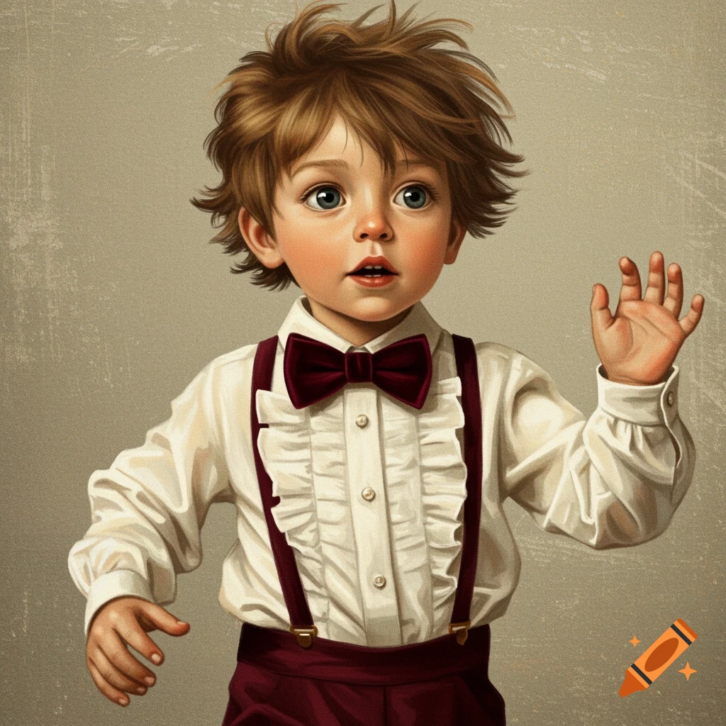 Young boy in a ruffled shirt, bow tie, and suspenders, waving.