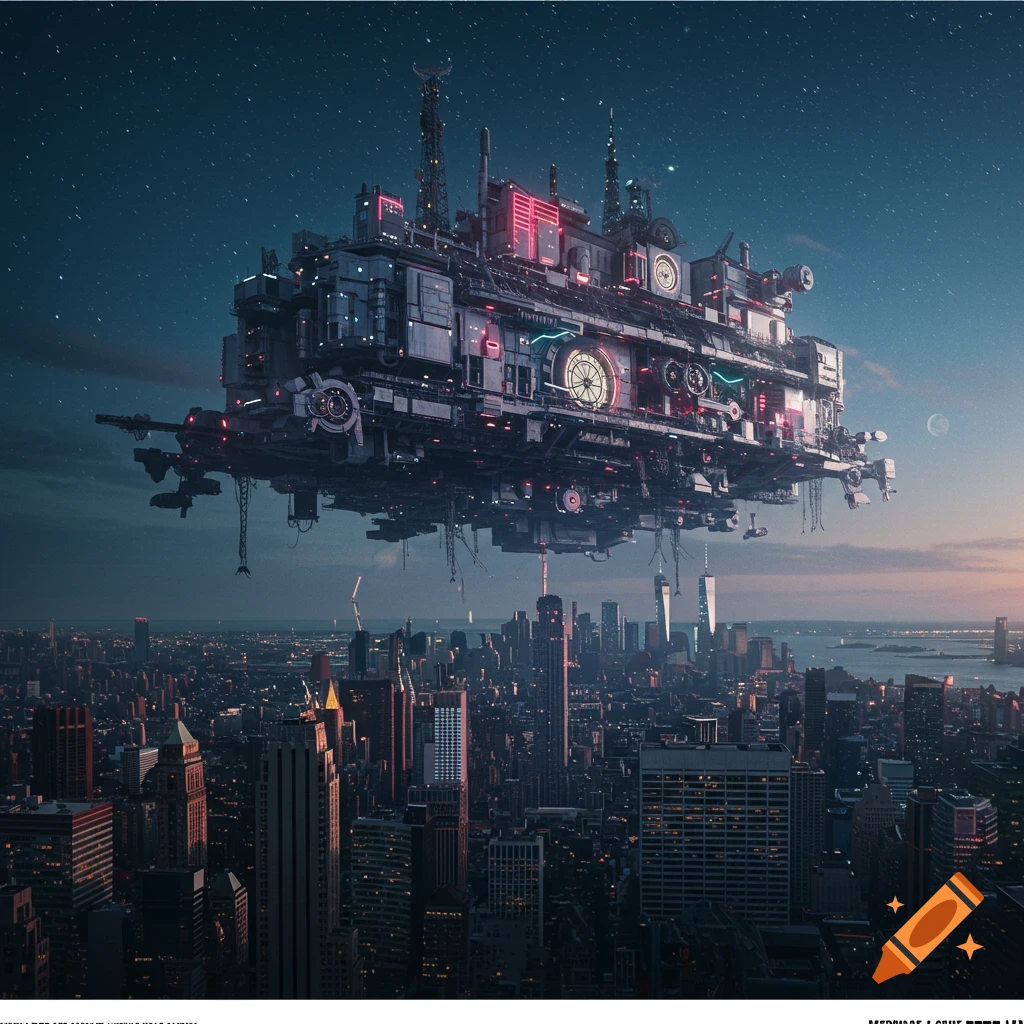 A giant mechanical city floats above New York City at night.