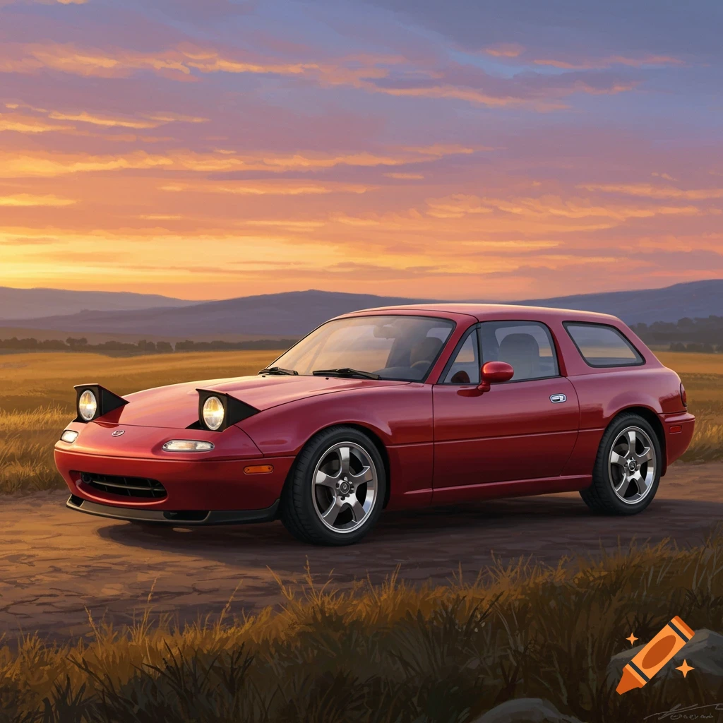 Red NA Miata wagon on a dirt road in a field at sunset.