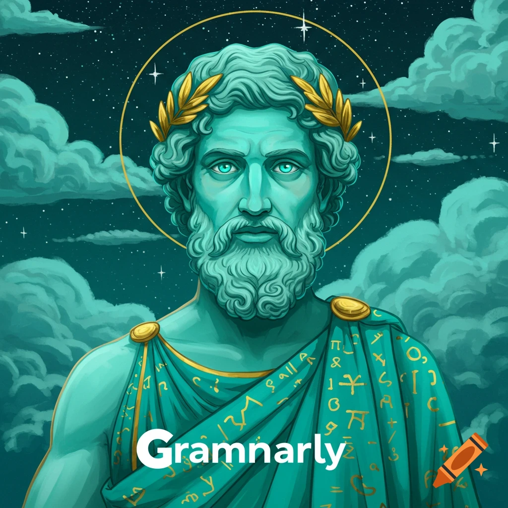 A cyan-skinned Greek god with a beard, laurel wreath, and toga with the word 'Grammarly' on it, against a starry sky with clouds.
