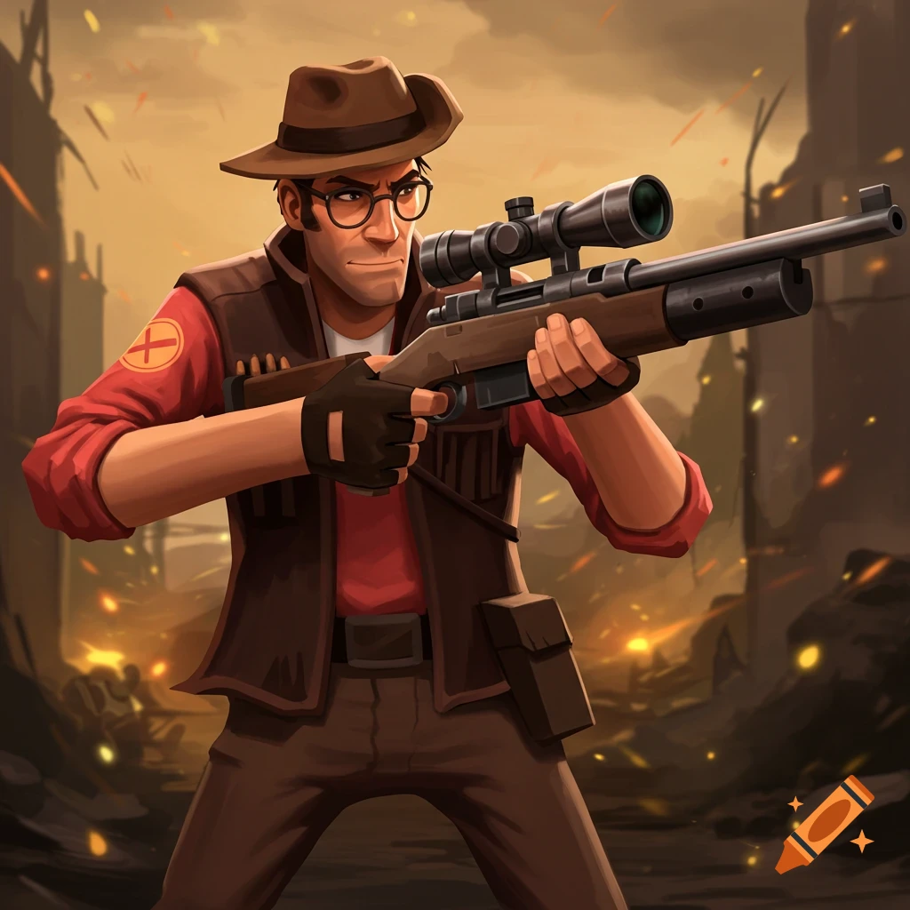 Picture of the Sniper from Team Fortress 2 holding a sniper rifle in a ruined city.