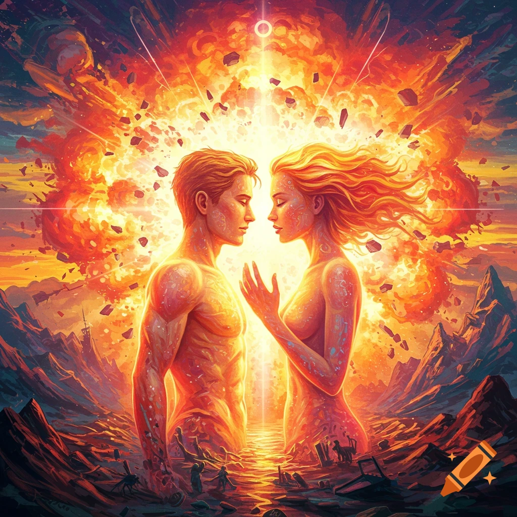 A man and woman touch as a bright cosmic explosion erupts behind them.