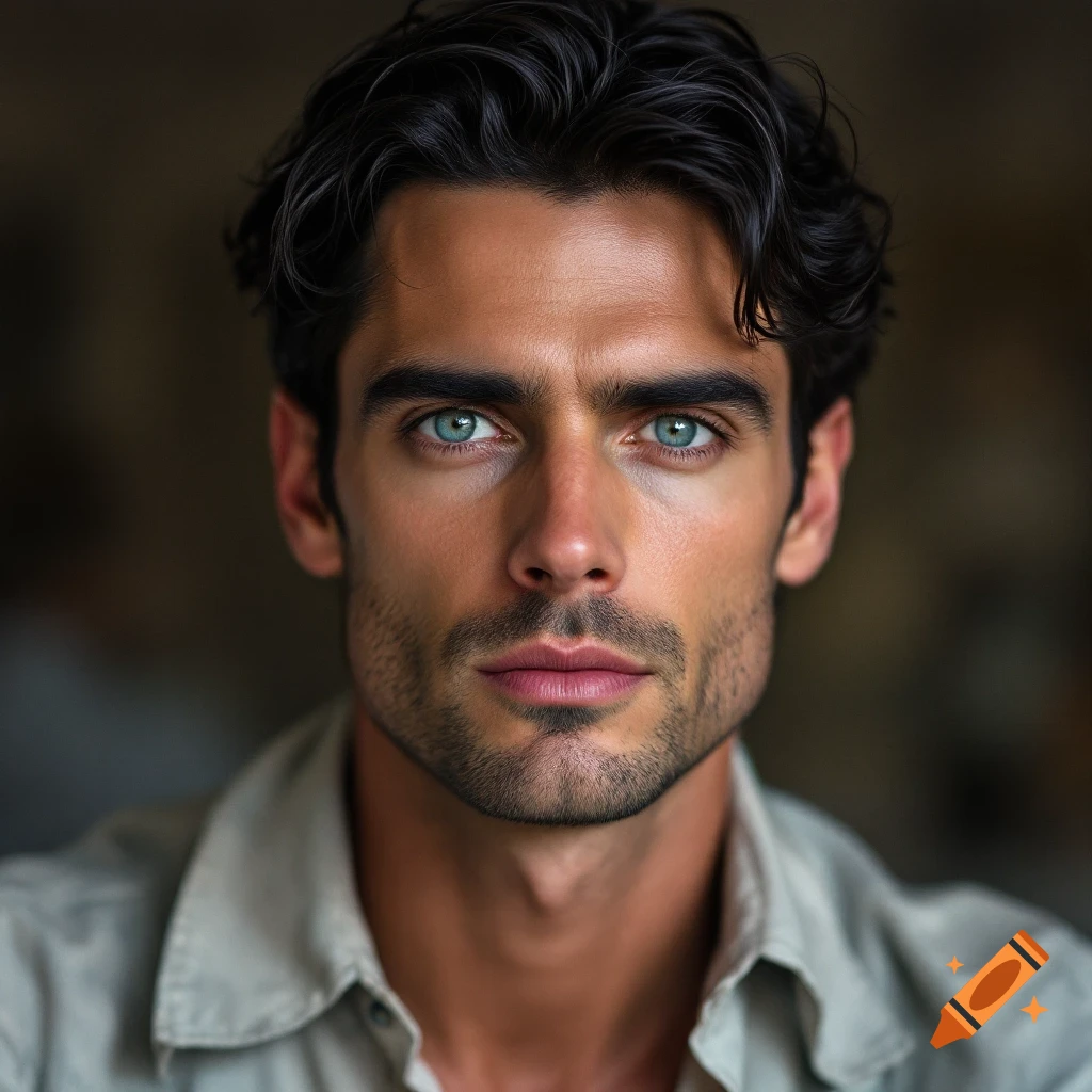 Close-up portrait of a man with dark hair, blue eyes, and light stubble.