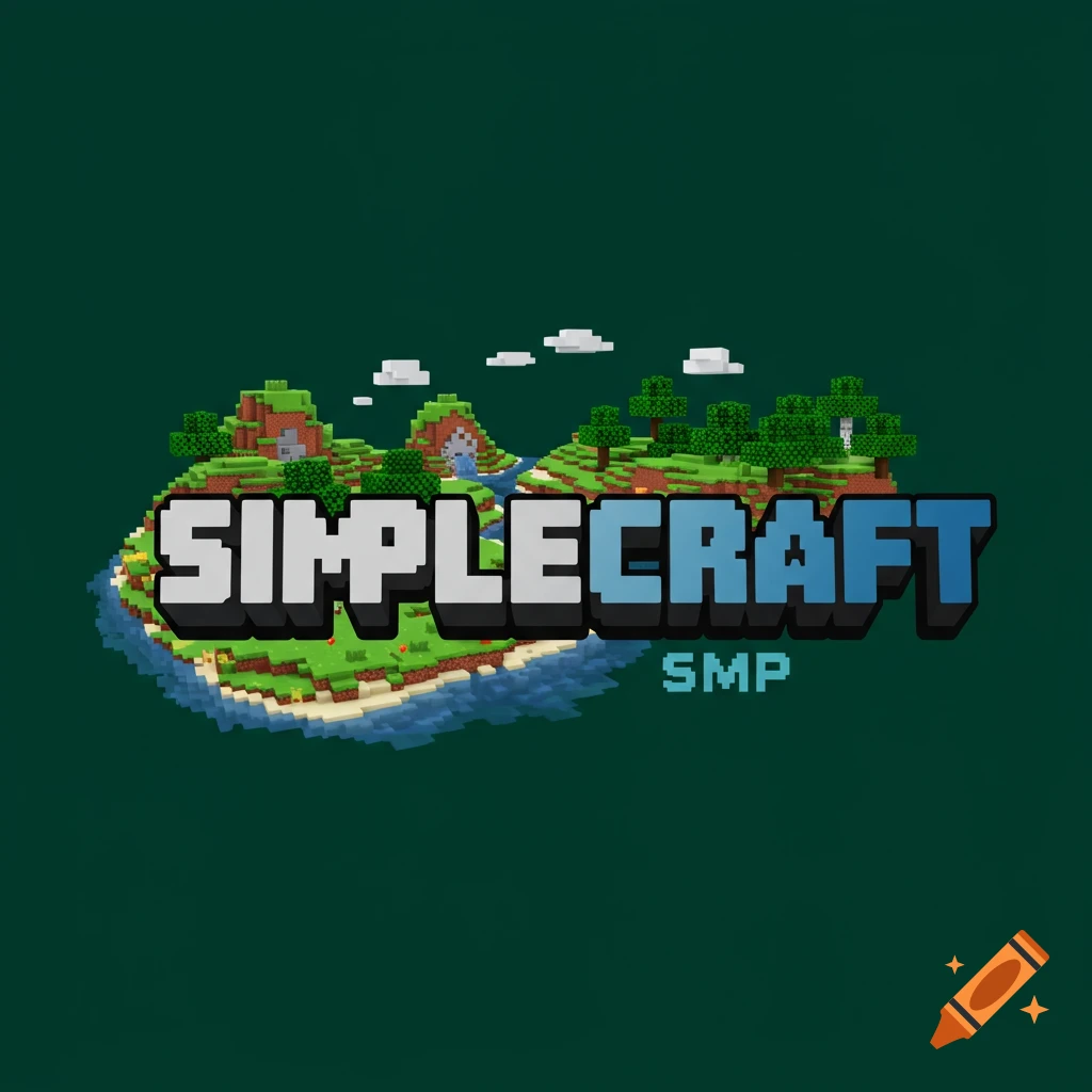 Minecraft-style logo for Simplecraft SMP, featuring a voxel island landscape with the text 'SIMPLECRAFT SMP'.