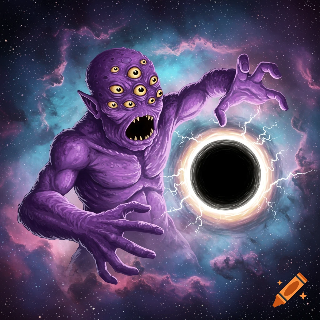 Purple monster with many eyes reaches toward a black hole in a nebula-filled space.