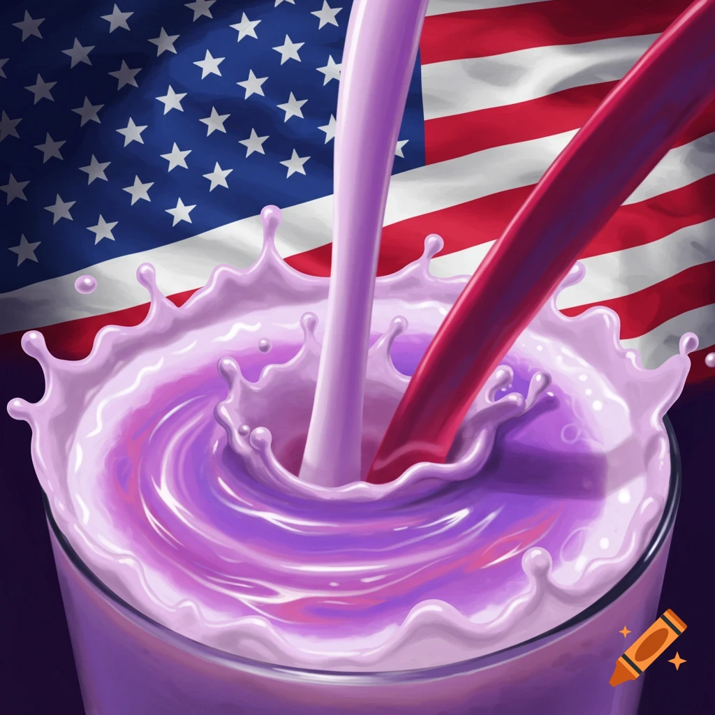 Pink and red liquids pour into a glass, splashing purple liquid, with an American flag behind.