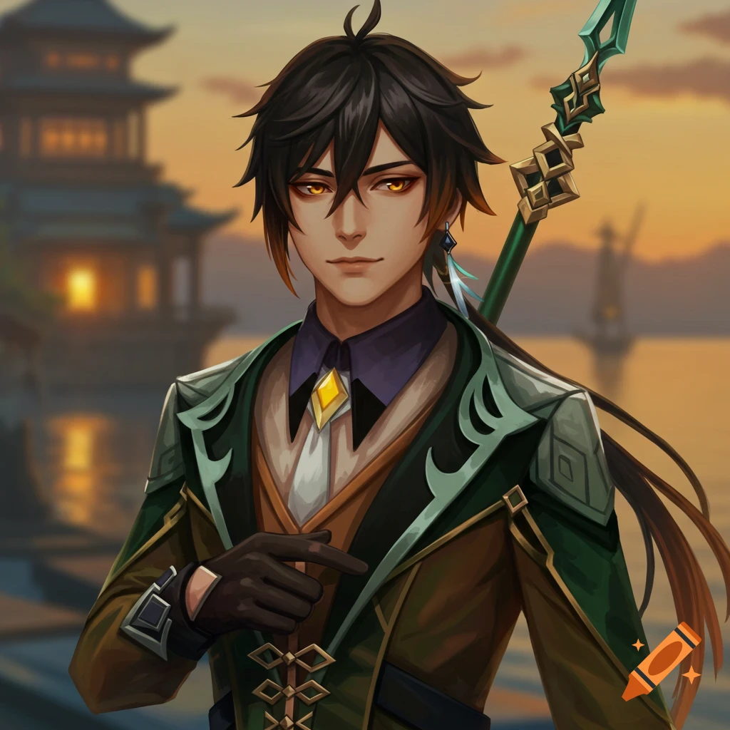 Anime illustration of a male fantasy character with dark hair and orange eyes, holding a spear, standing outdoors at sunset.