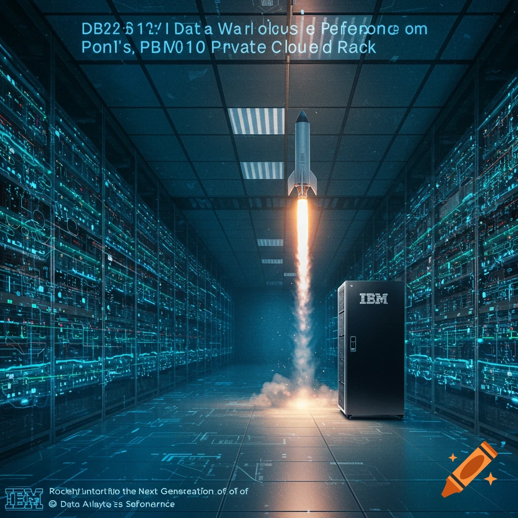 A rocket launches from a server rack in a futuristic data center.