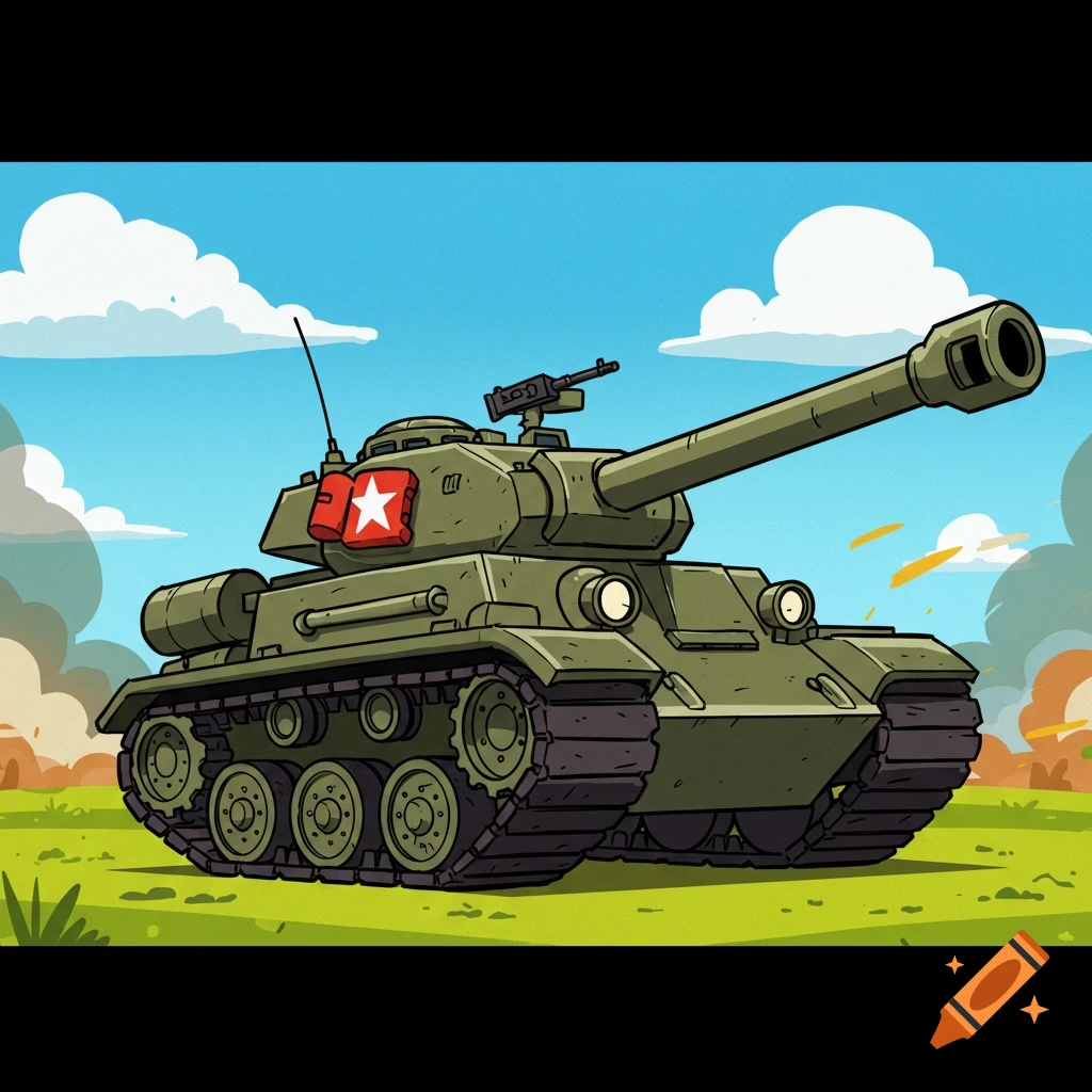 A cartoon tank in a field under a blue sky.