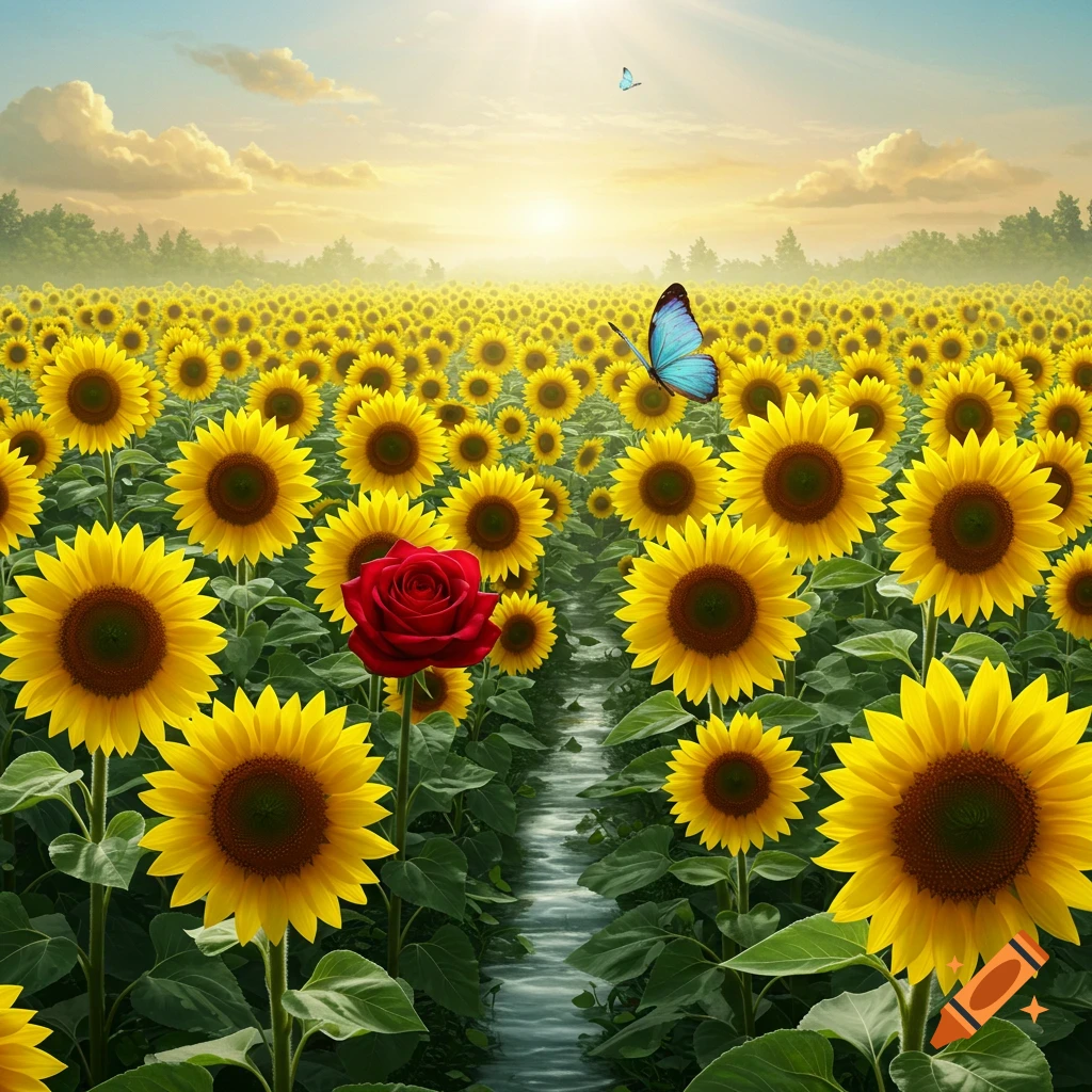 Vibrant image of a sunflower field with a red rose, blue butterflies, a stream, and a sunbeam at sunset.