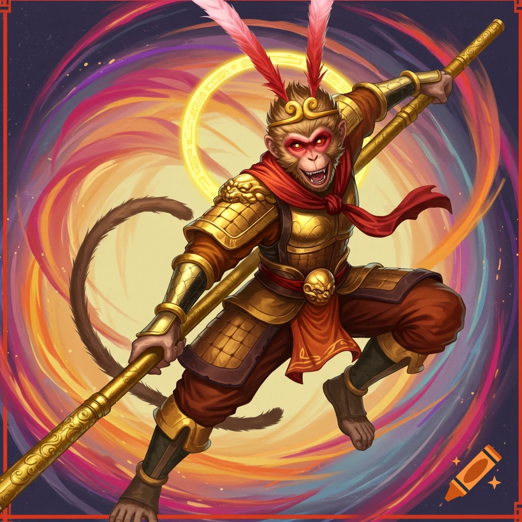 Wukong holding his staff in a dynamic pose against a colorful swirling background.