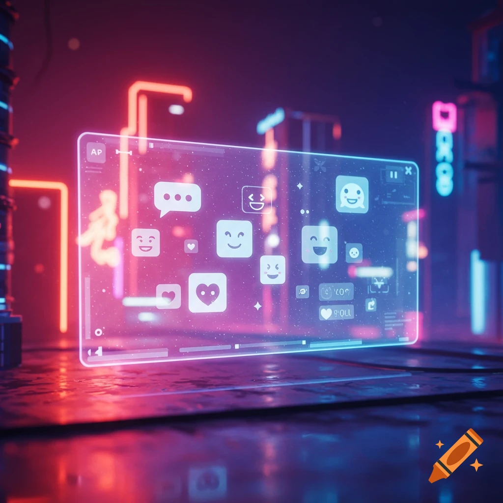 Holographic screen with social media icons floating in a neon futuristic city
