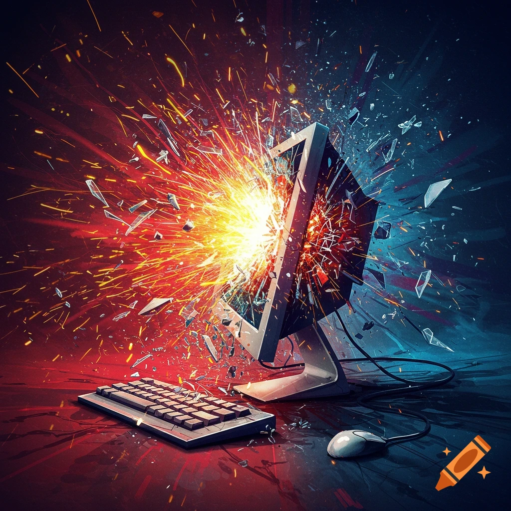 A computer monitor exploding with sparks and glass.