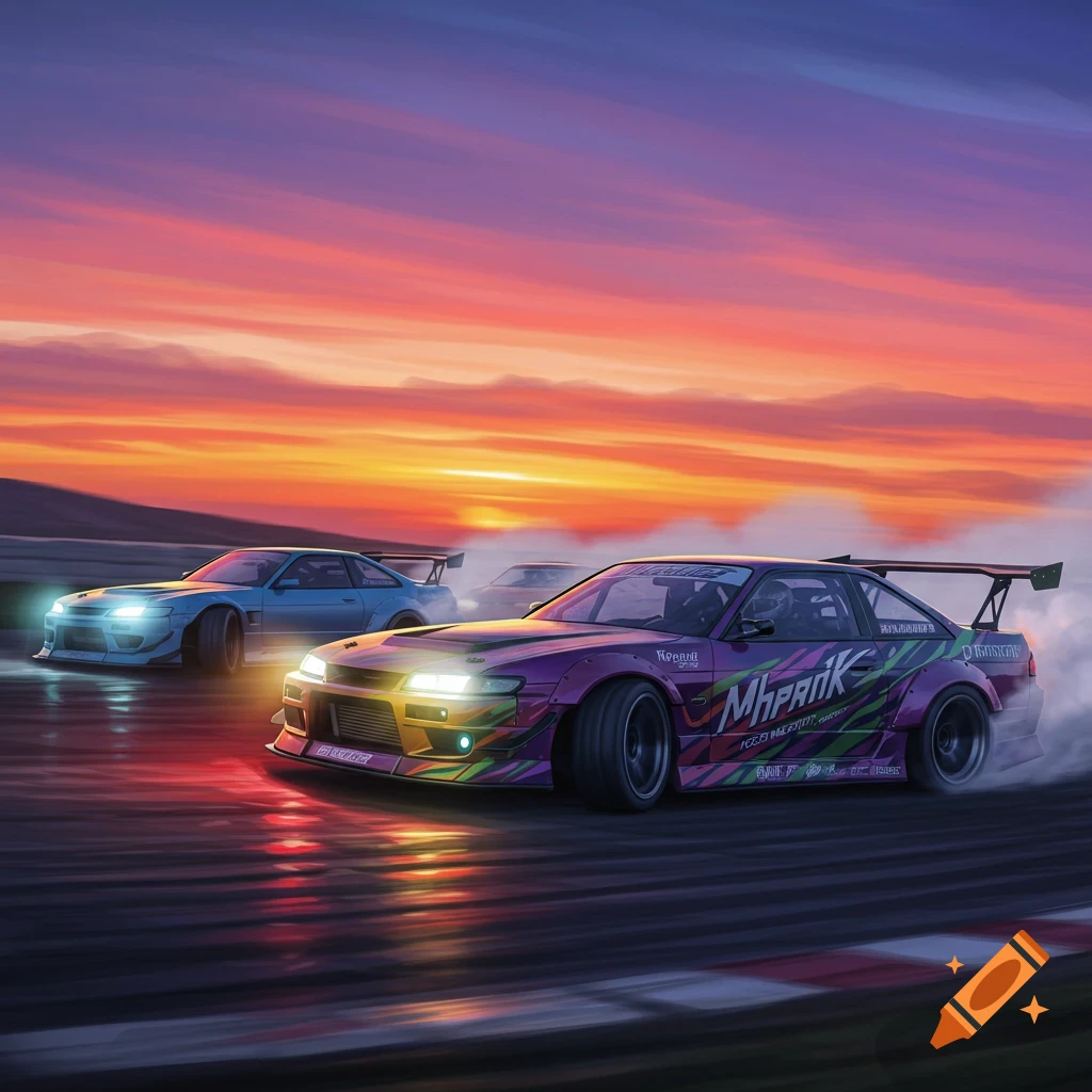 Three cars drift on a wet track during a vivid sunset.