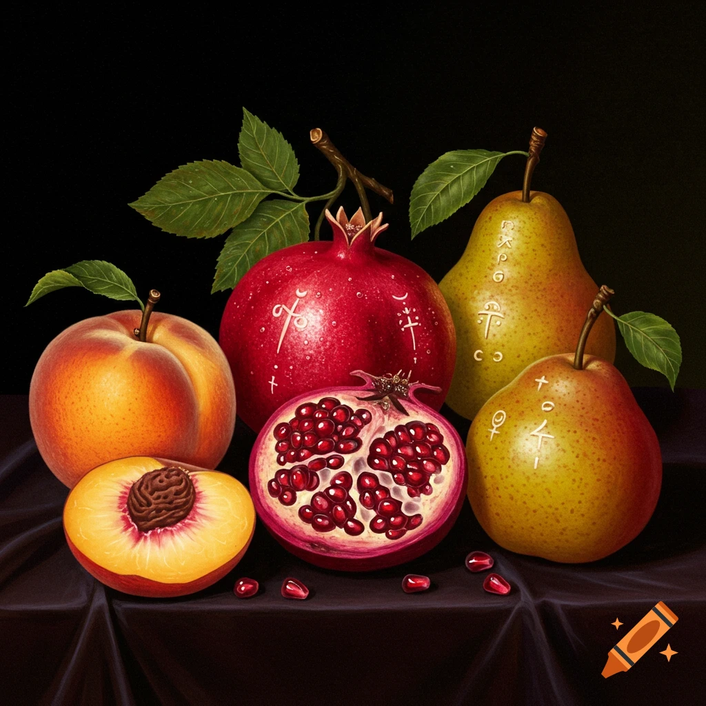 Still life of peach, pomegranate, and pears on dark cloth.