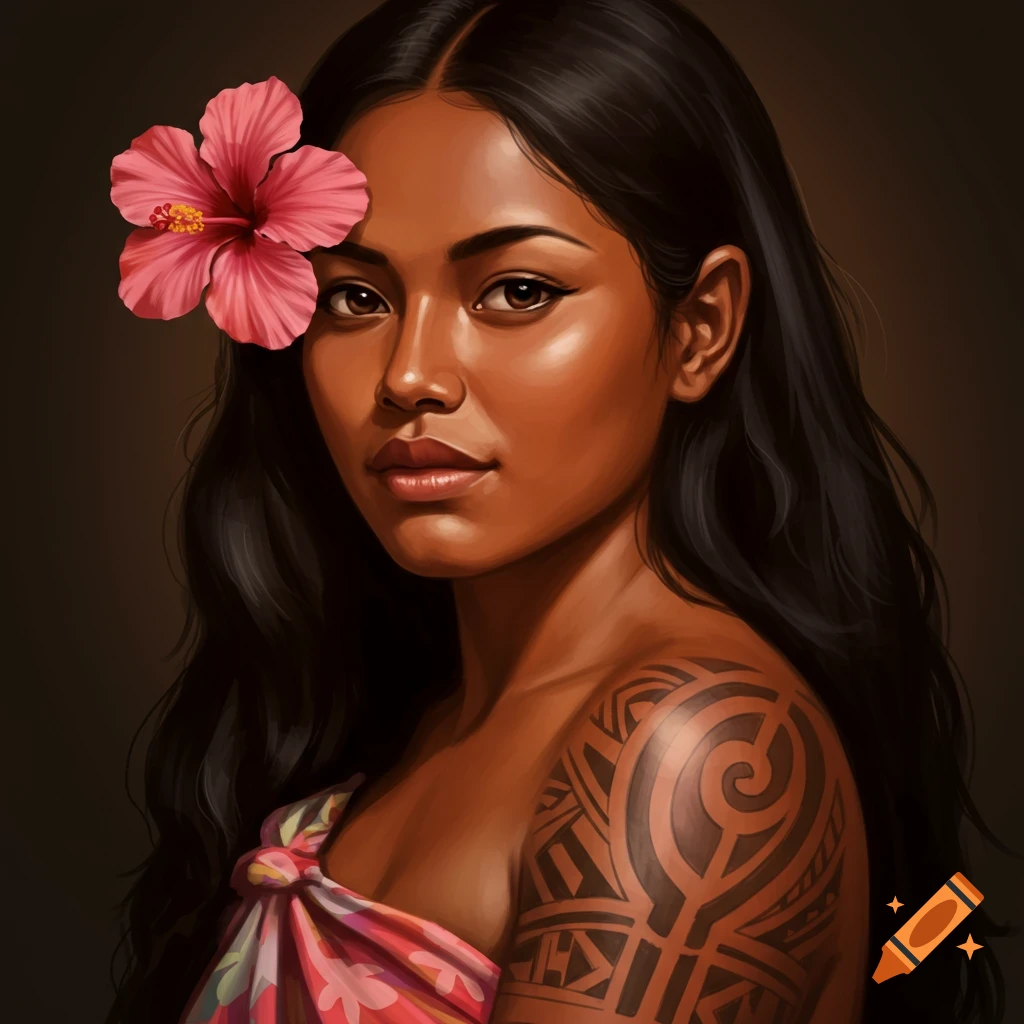 A Samoan woman with a flower in her hair and a tribal arm tattoo.