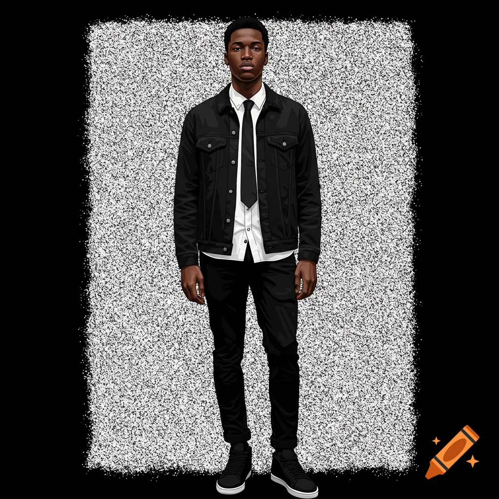 Painting of a man in a black jean jacket, white shirt, black tie, and black pants against a static background.