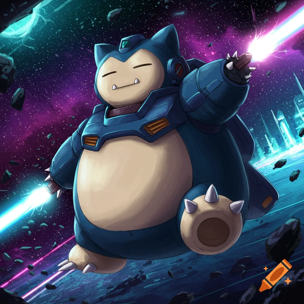 Snorlax in a blue mobile suit floating in space