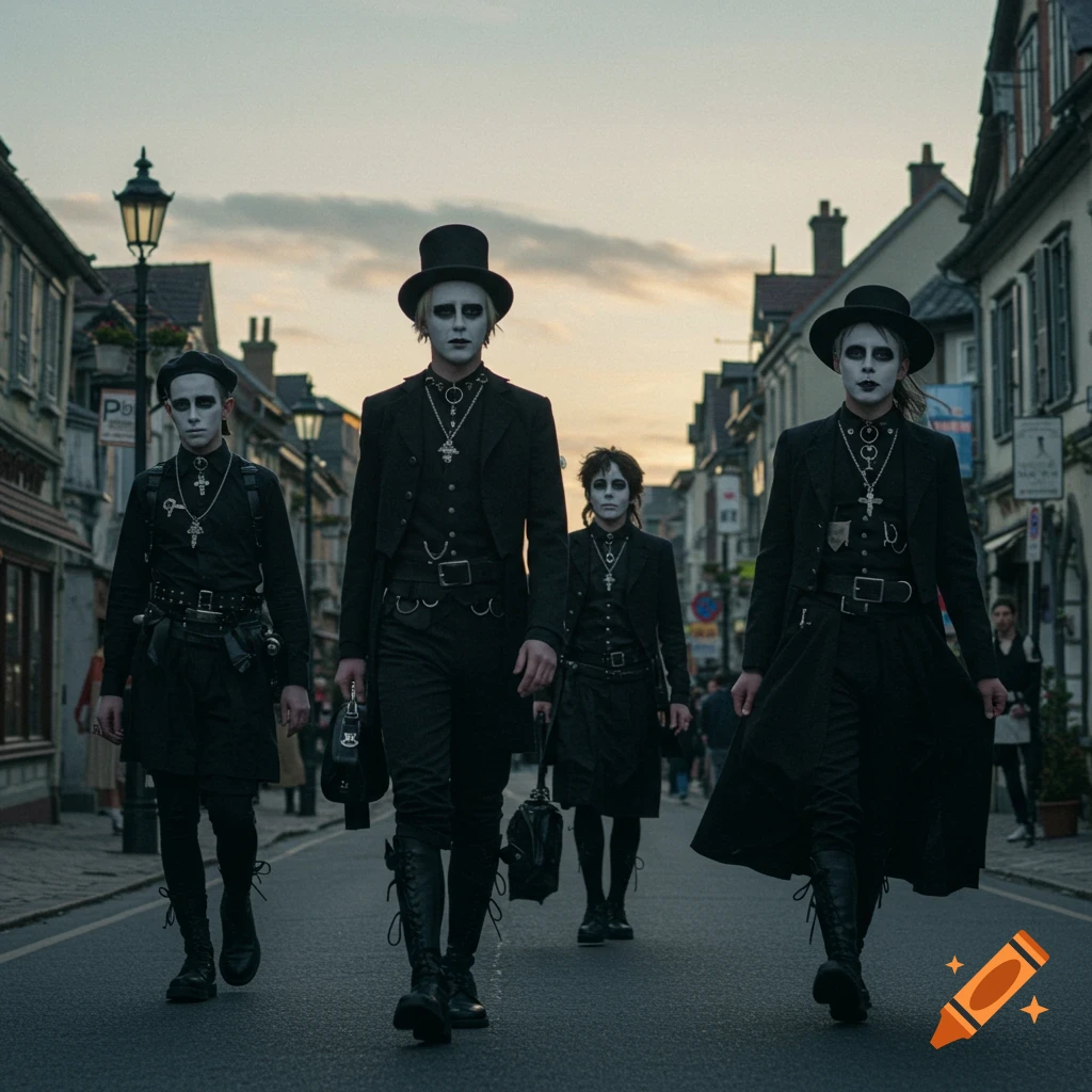 Four people in black gothic clothing and makeup walk down a street at dusk.