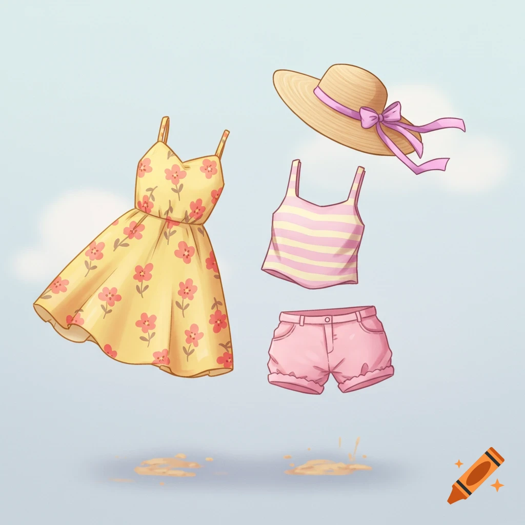 Floating summer clothes: a yellow floral dress, striped tank top, pink shorts, and straw hat against a blue sky.