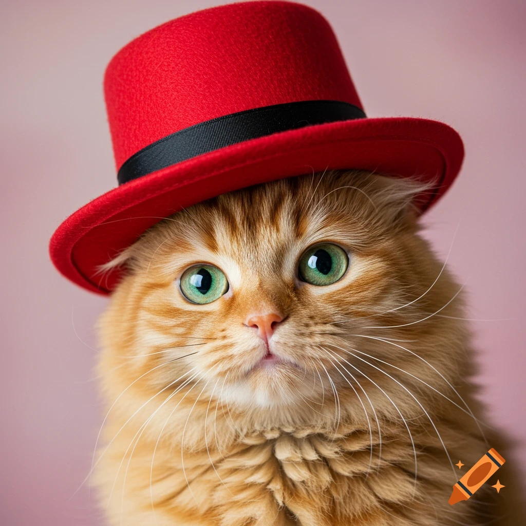 A fluffy orange cat wearing a red hat.