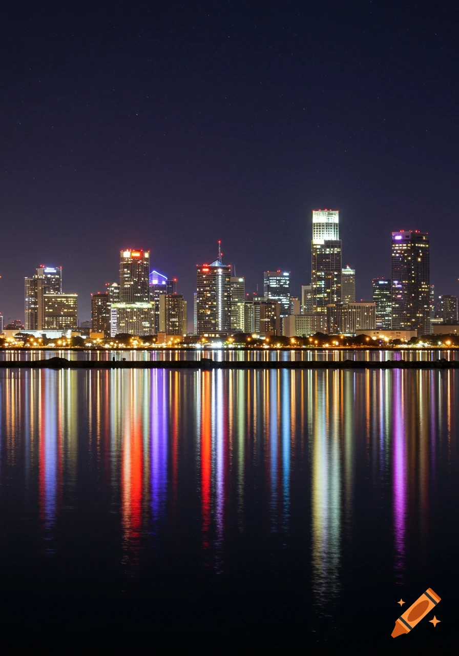 A city skyline at night reflected in dark water.