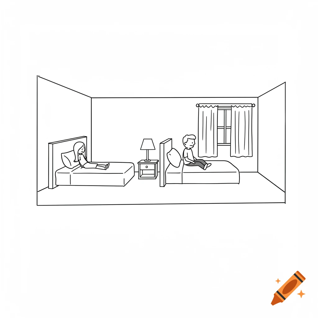 Line drawing of two simple figures sitting on separate beds in a minimalist room.