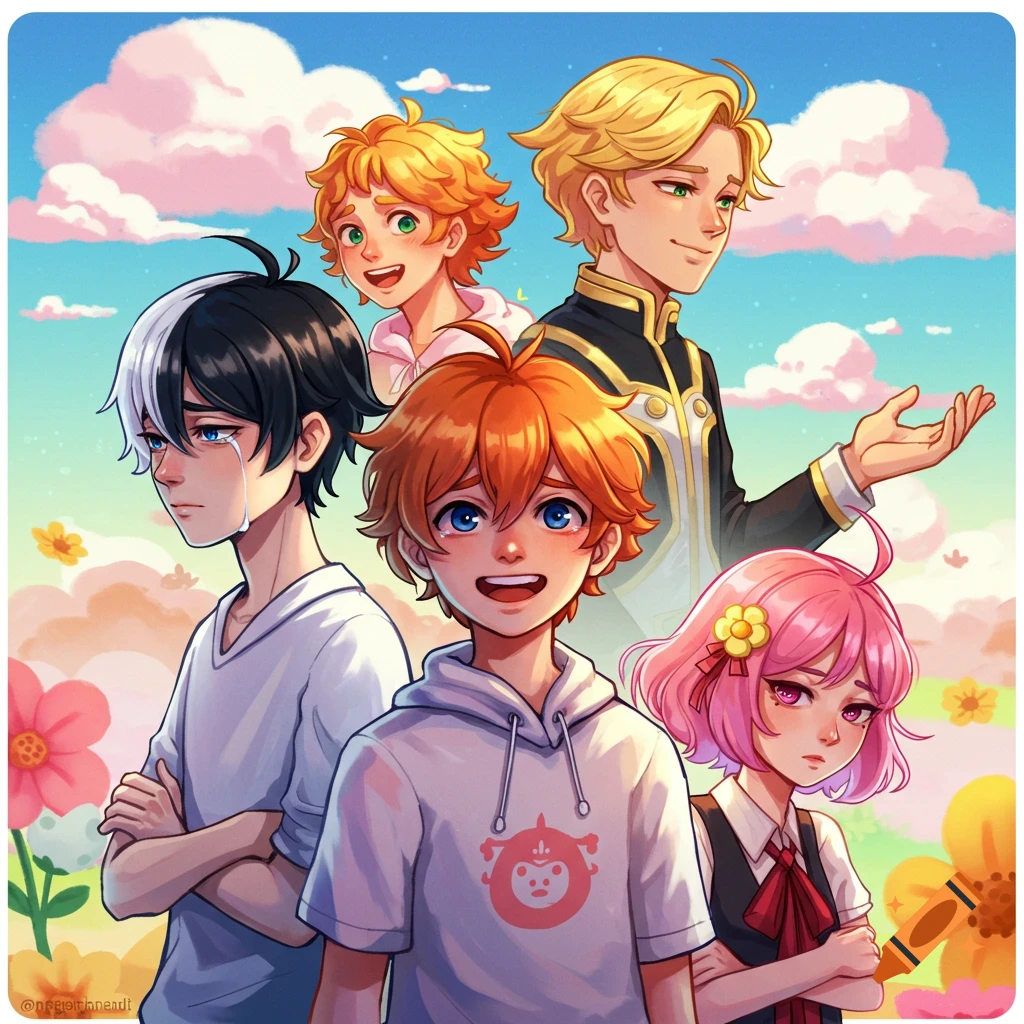 Five stylized characters in a field of flowers under a cloudy sky, anime style.