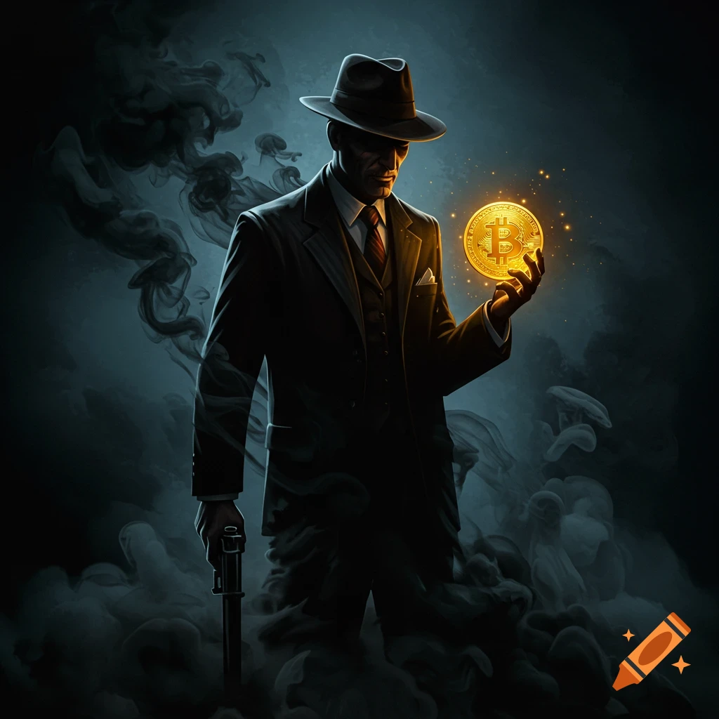 A stylized digital illustration of a man in a suit and fedora holding a glowing Bitcoin in smoky shadows.
