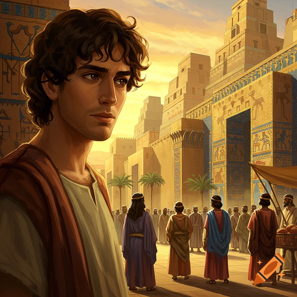 A man stands before a crowd and large ornate buildings in an ancient city.