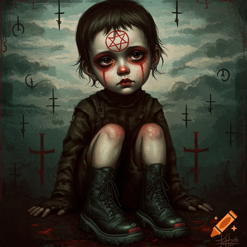Child with a pentagram on their forehead, red eyes, and black boots in a dark, symbolic setting with crosses.