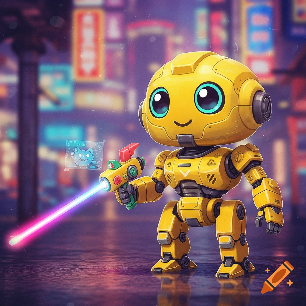 A cute yellow robot holds a laser gun in a futuristic city.