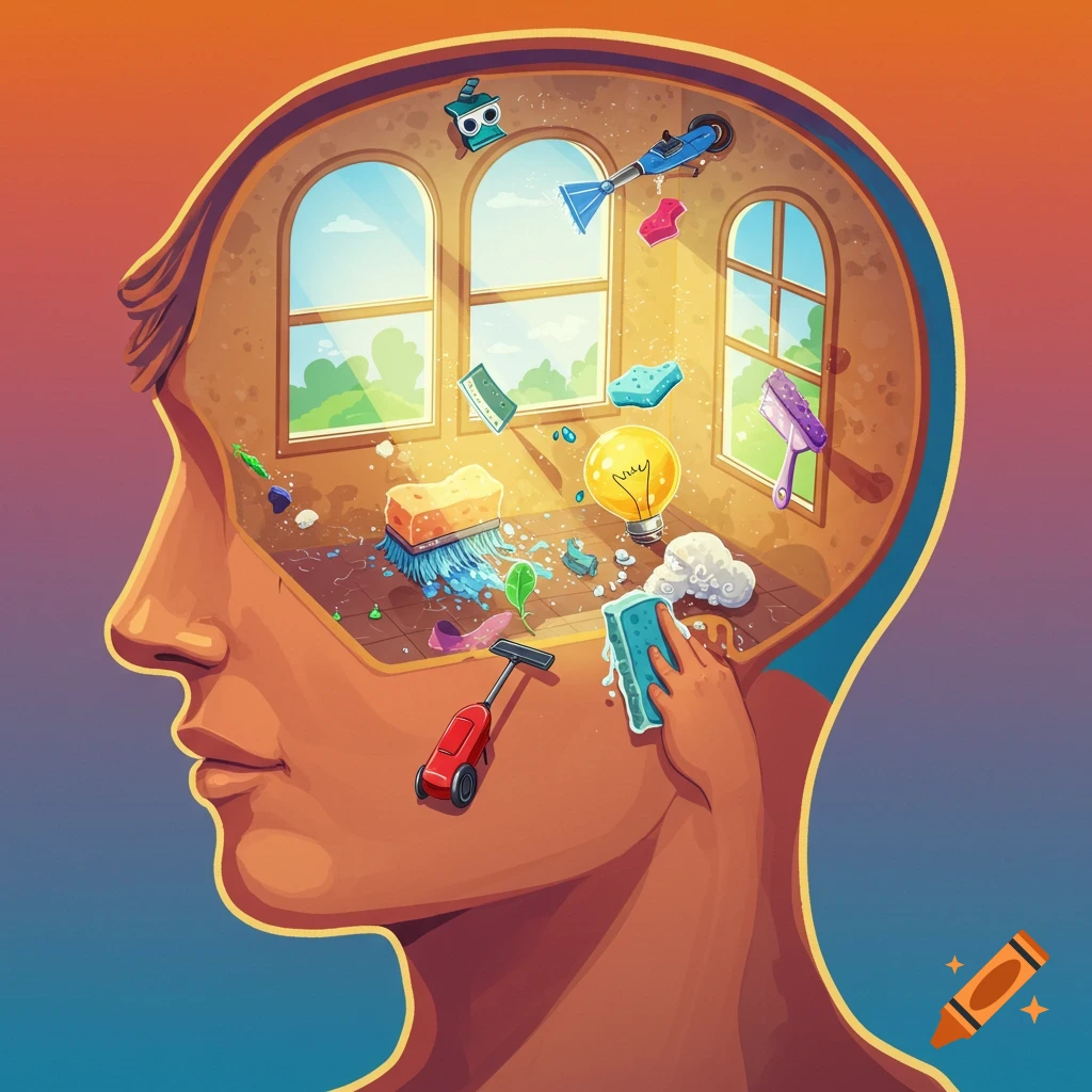 Conceptual illustration of cleaning inside a head, like a room being cleaned with tools and sponges.