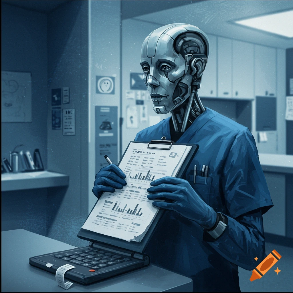A robot doctor in blue scrubs holding a clipboard in a clinic.