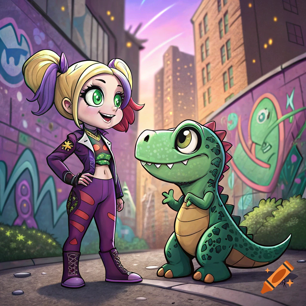 Cartoon girl and dinosaur in urban setting with graffiti.