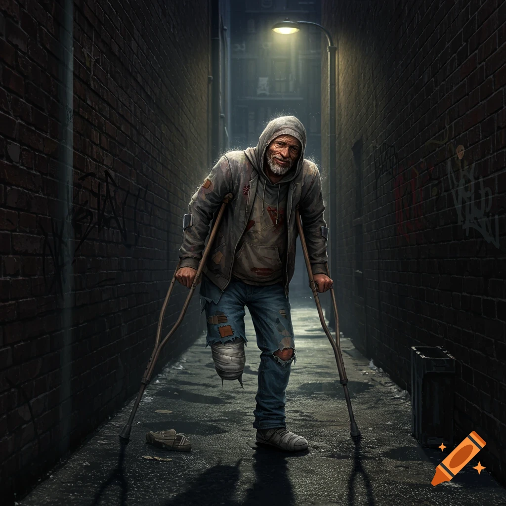 A man with crutches and one leg standing in a dark alley.