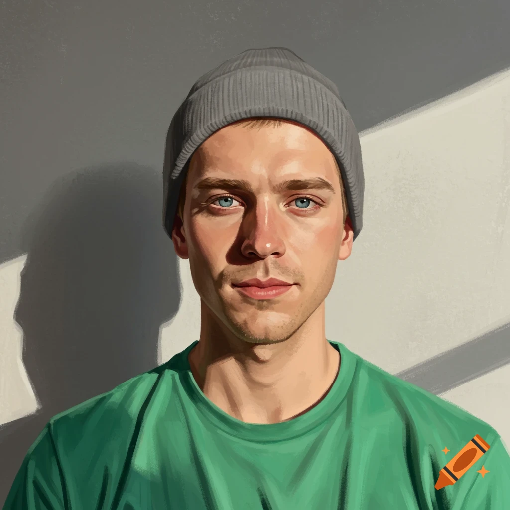 A man wearing a grey beanie and green shirt, with a shadow on the wall.