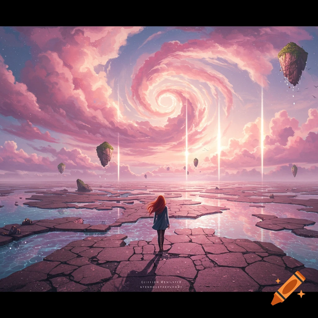 A person standing on cracked ground looking at a surreal landscape with floating islands, light beams, and a swirling pink and purple sky.