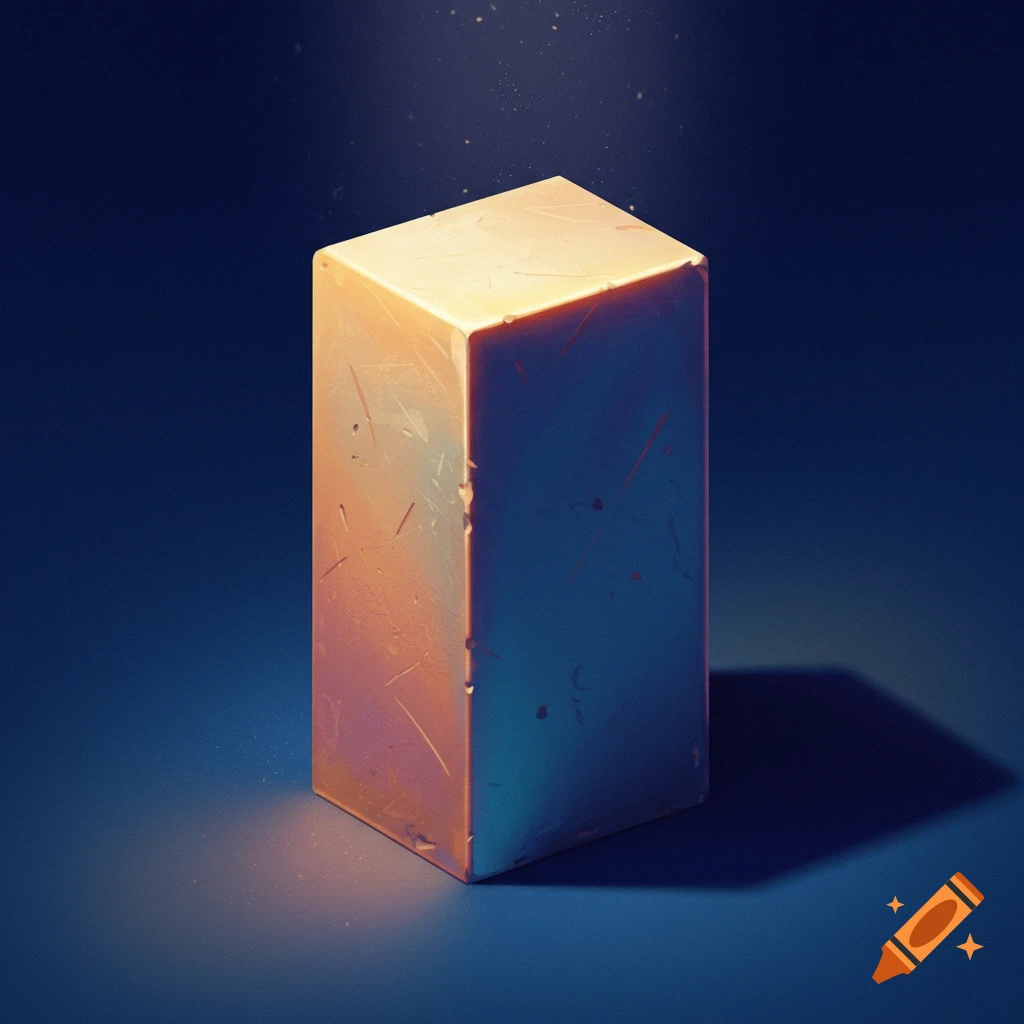 A textured rectangular prism under bright light against a dark blue background.
