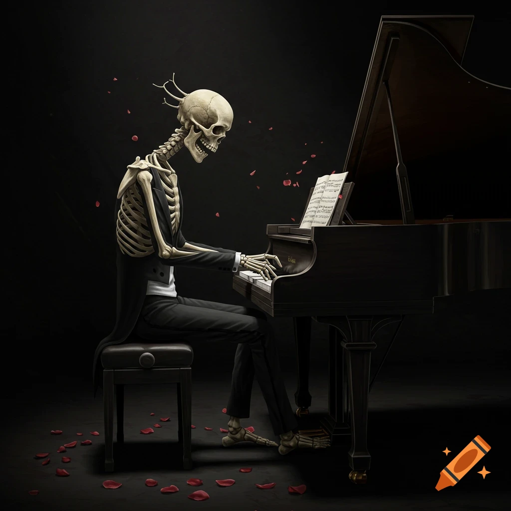 A skeleton in a tuxedo plays a grand piano.