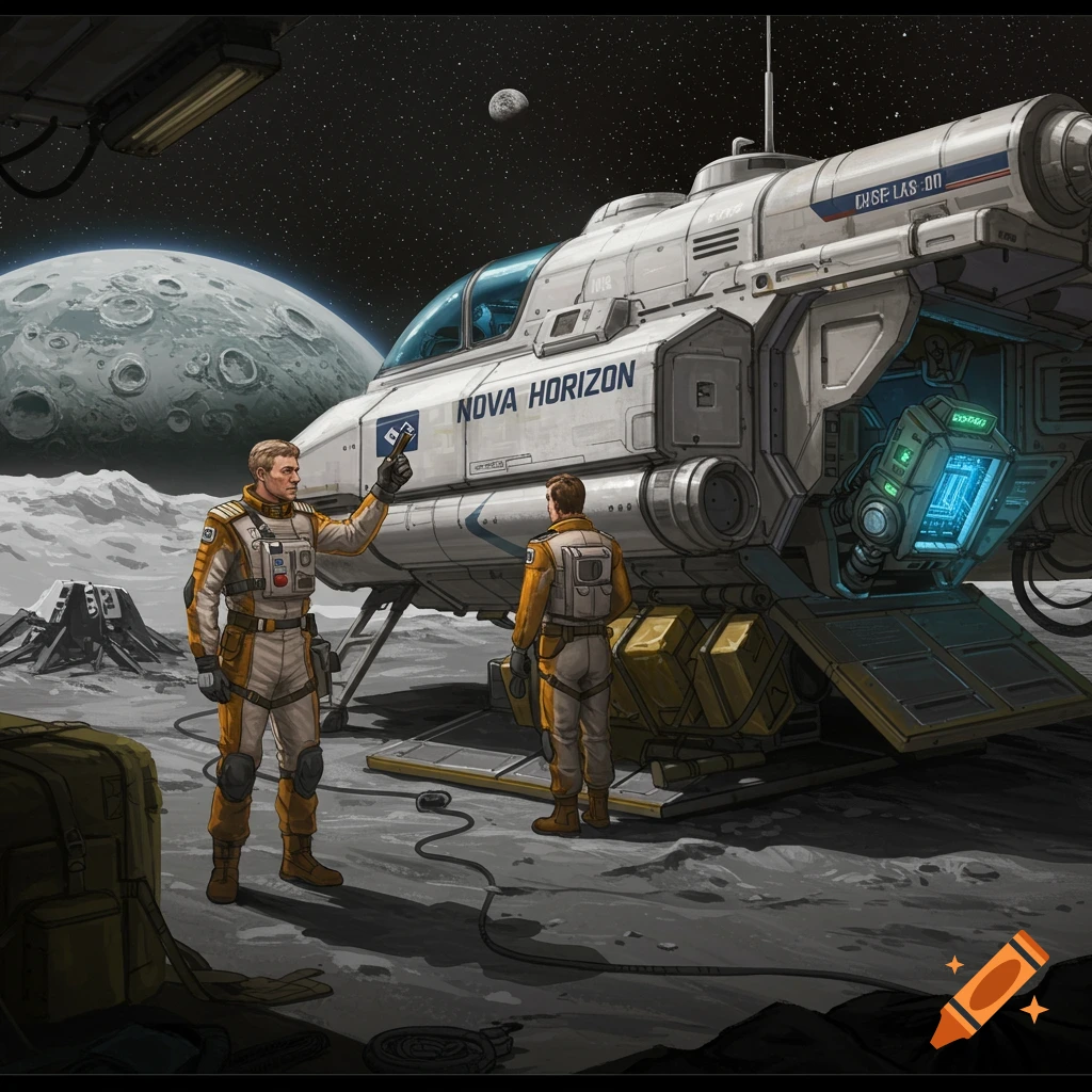 Two astronauts next to a spaceship on the moon.