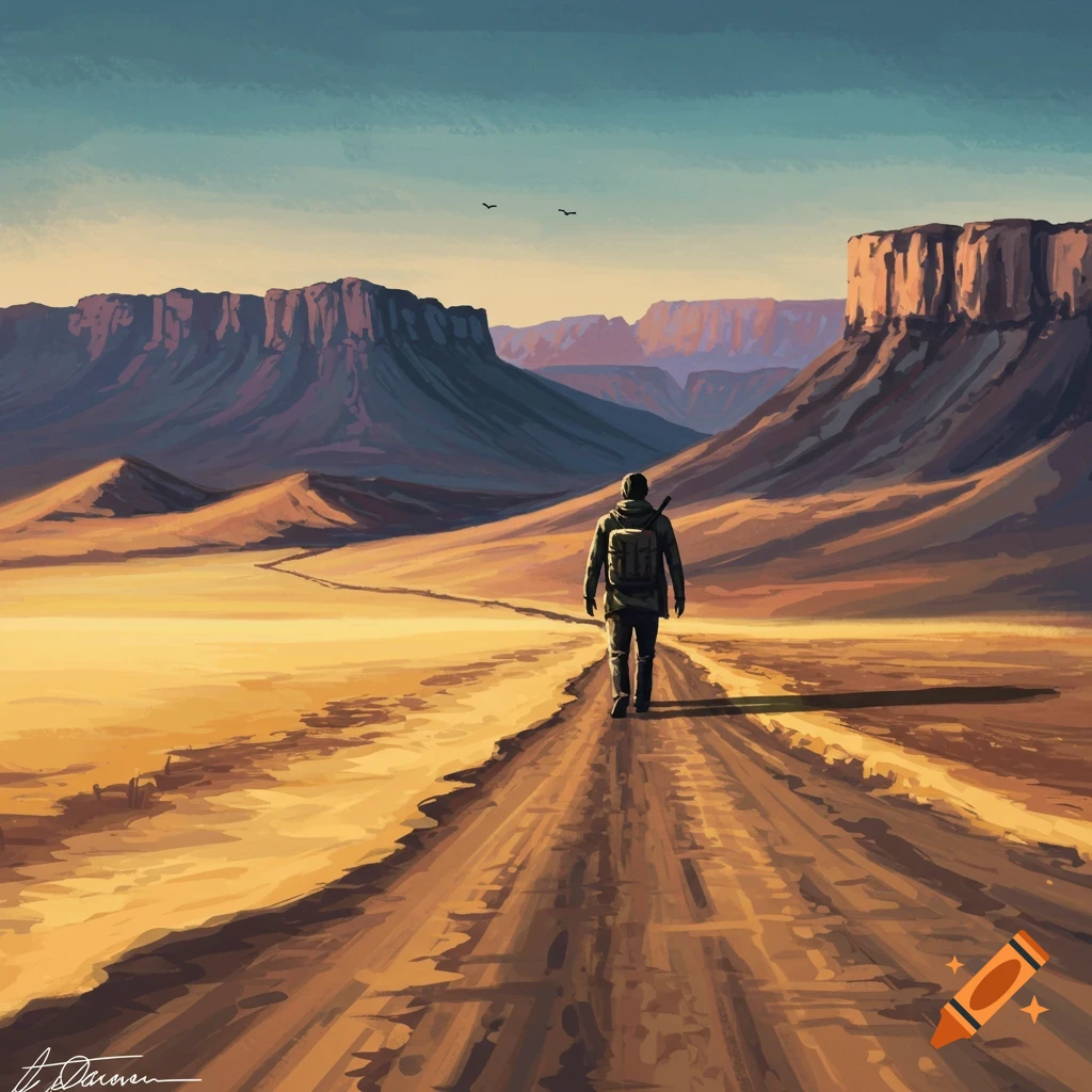 A person walks down a road through a vast desert landscape with mountains and mesas under a clear sky.