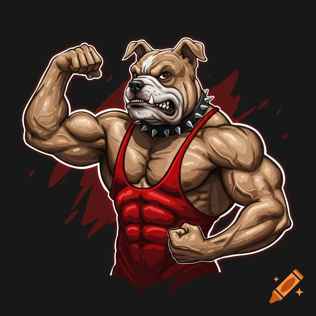 Illustration of a muscular bulldog in a red singlet flexing its bicep.