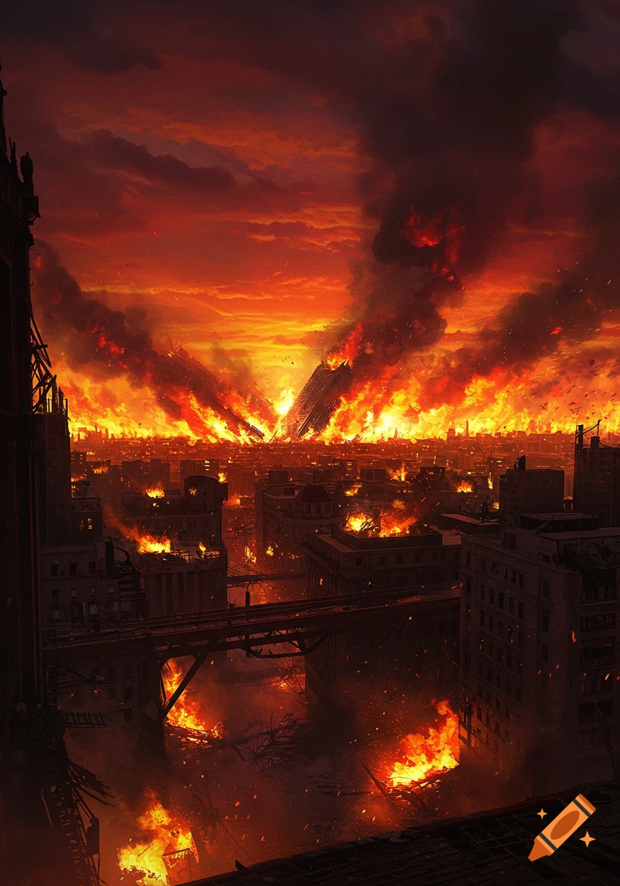 A city engulfed in flames under a fiery red sky.