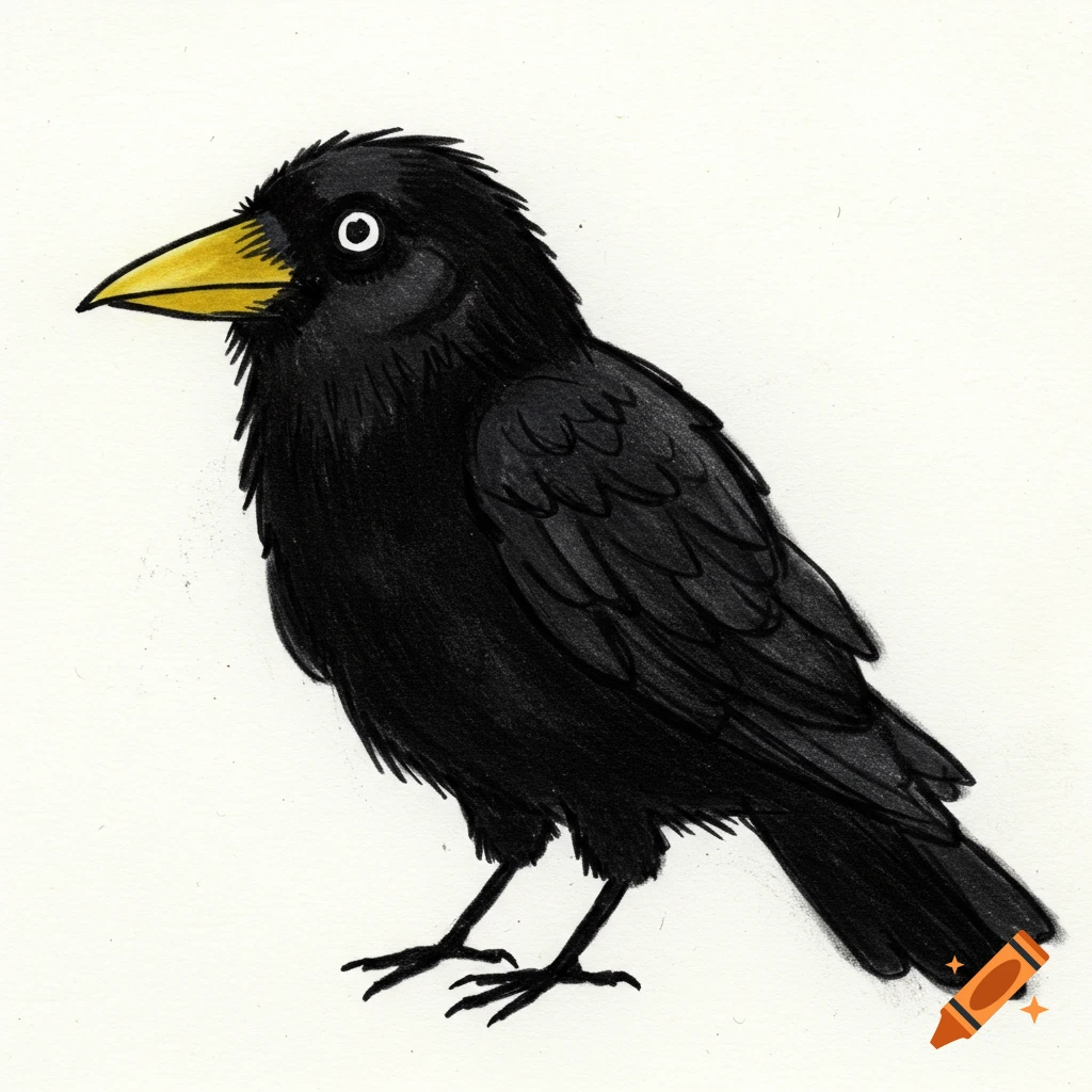 A drawing of a black bird with a yellow beak.