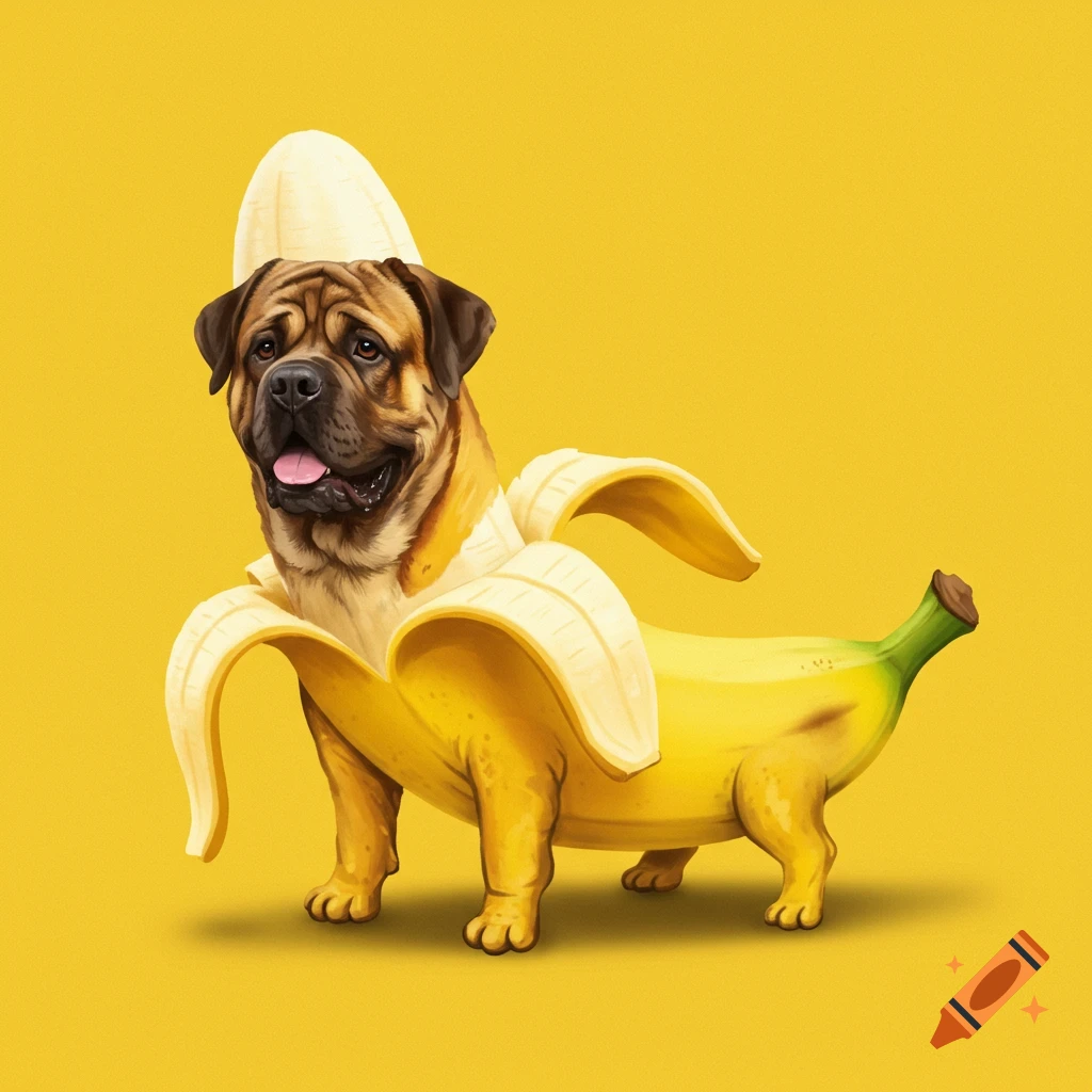 A dog in a banana costume on a yellow background