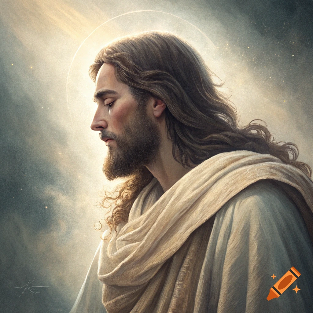 Portrait of Jesus looking downwards in a robe with a halo against a glowing sky